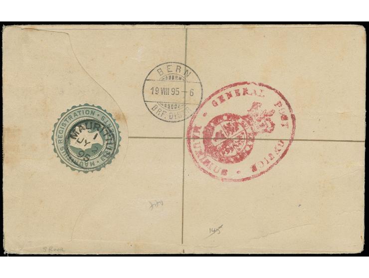 2,50 r. brown-purple used on registered envelope 8 c. from "MAURITIUS JY 21 95" to Switzerland, showing clear strike of rare 
