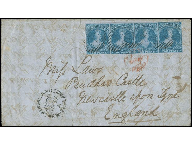 1855/57, printing on blued paper without watermark, 2 d. blue, horizontal strip of 4, one stamp tiny touched at bottom, other