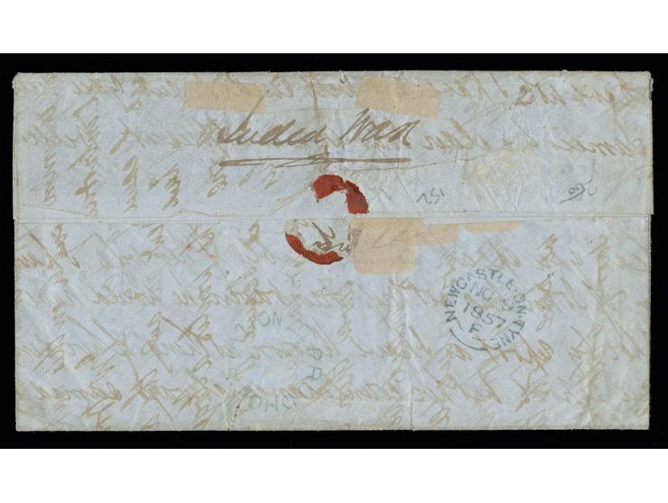 1855/57, printing on blued paper without watermark, 2 d. blue, horizontal strip of 4, one stamp tiny touched at bottom, other