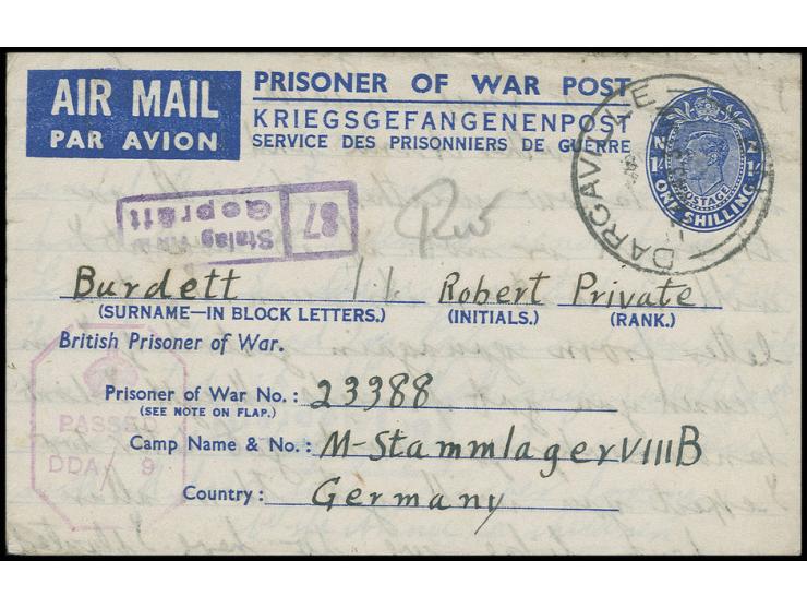 POSTAL STATIONARY: 1943, POW-Airmail letter sheet 1 sh. used from "DARGAVILLE 3 AU 41" to a POW in Germany, M-Stammlager VIII