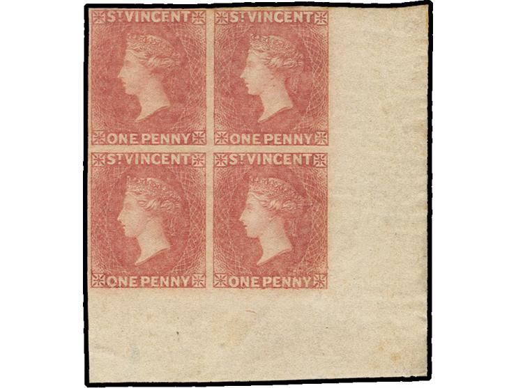 1861, issue without water mark 1 d. rose-red imperforated in block of 4 from the lower right sheet corner with wide margins, 