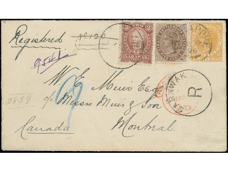 1895, 2 c. brown-red tied by Sarawak cds. to small registered envelope with combination franking Straits Settlements 1882, 8 