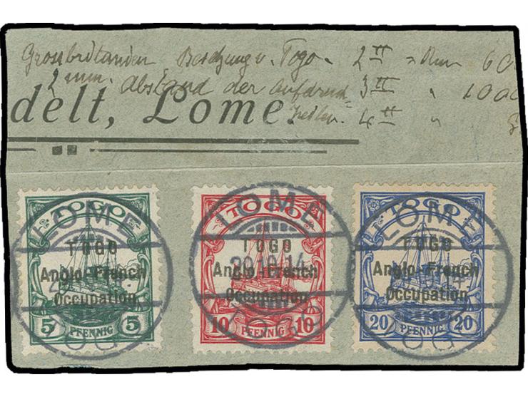 ANGLO-FRENCH OCCUPATION: 1914, 5-20 Pfg. tied by cds. "LOME 29.10.14" to piece, 10 Pfg. corner faults at left, otherwise fine
