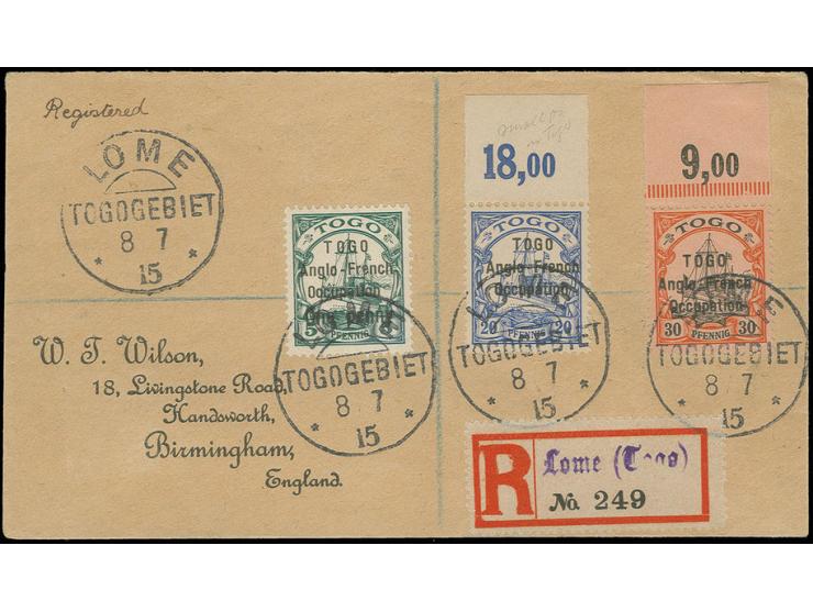 Narrow setting 20 pf., 30 pf. and 1 d. on 5 pf. used on registered envelope from "LOME 8 7 15" to England, sign. Kilian BPP