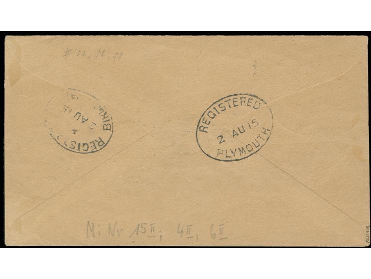 Narrow setting 20 pf., 30 pf. and 1 d. on 5 pf. used on registered envelope from "LOME 8 7 15" to England, sign. Kilian BPP
