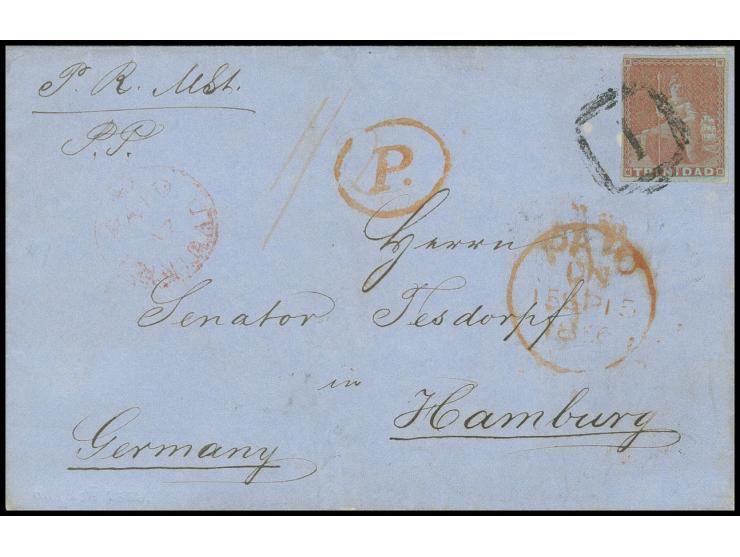 TRINIDAD: 1851/56, 1 d. brownish-red, clear to good margins, tied by numeral "1" to letter sheet with adjacent crowned "PAID 