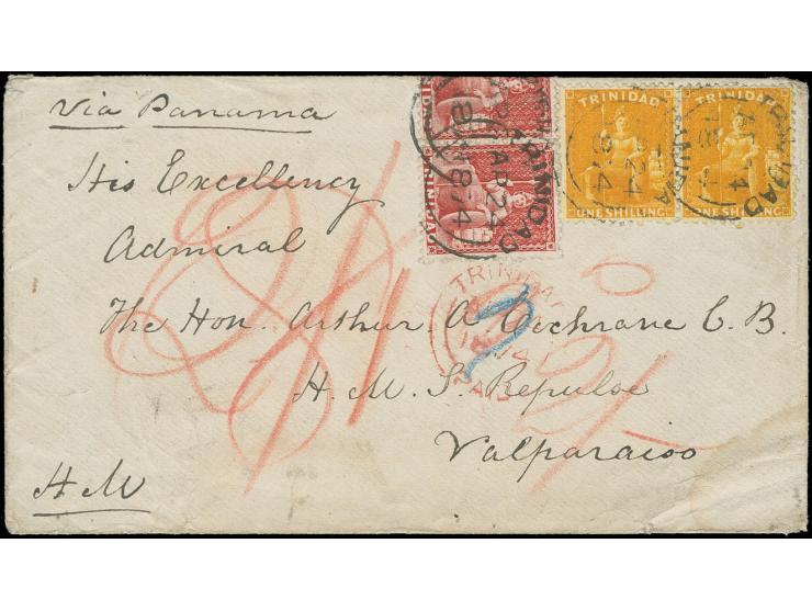 1863/80, wm crown CC, perf. 12½ 1 d. in horizontal pair, affixed around the top edge of envelope together with 1 sh. chrome-y