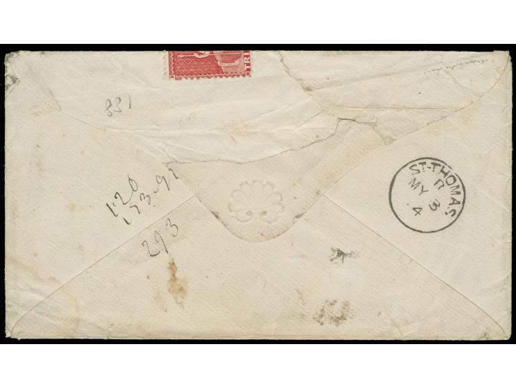 1863/80, wm crown CC, perf. 12½ 1 d. in horizontal pair, affixed around the top edge of envelope together with 1 sh. chrome-y