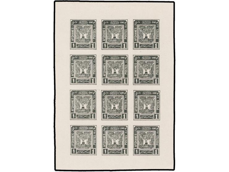 1 a. black as proof sheet 3X4 stamps on chalky, ungummed paper, fine (see Afghan Philately by Cecil Uyehara p. 148)