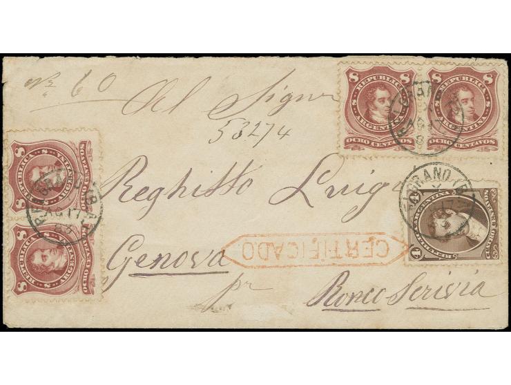 1867/74, 4 c. brown and 2 pairs 1880, 8 c. lake, all cancelled by cds. "BELGRANO (B.A.) / AG 17 83" to registered envelope to