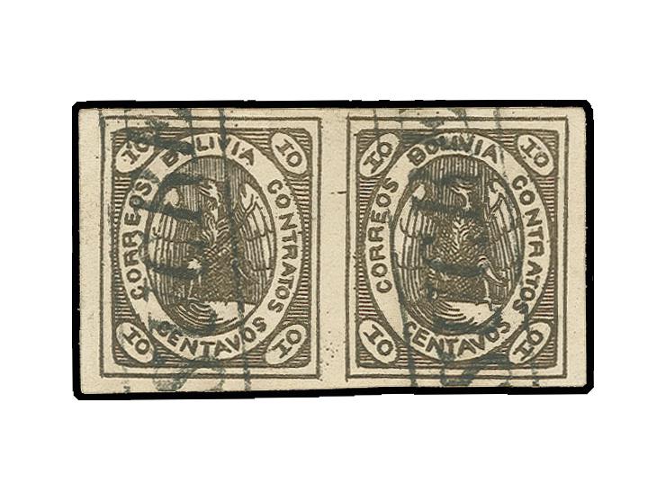 1867, Condor 10 c. brown as horizontal pair, used, Sperati forgery, fine, signed in pencil