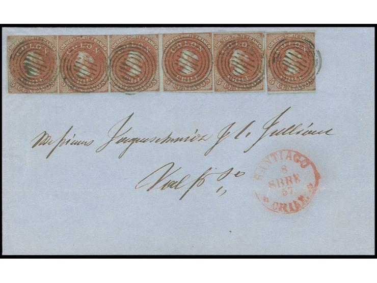 1855, 2nd London printing 5 c. red-brown on blued paper, horizontal strip of 5 and single stamp, slightly touched to large ma