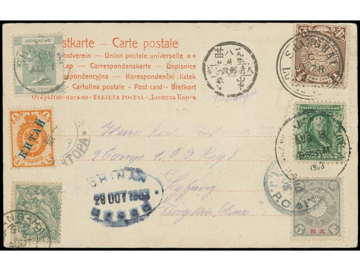 1902/06, ½ c. brown, tied by cds. "SHANGHAI LOCAL POST JY 28 03" to souvenir postcard with franking and cancels of 5 foreign 