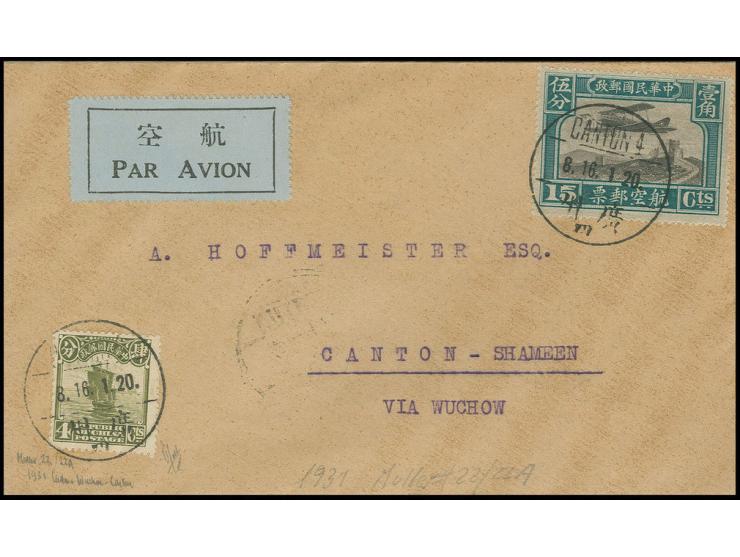 MISCELLANEOUS ITEMS: 1931, 1st flight Canton-Wuchow-Canton, cover with airmail 15 c. and Junk 4 c., opinion Holcombe