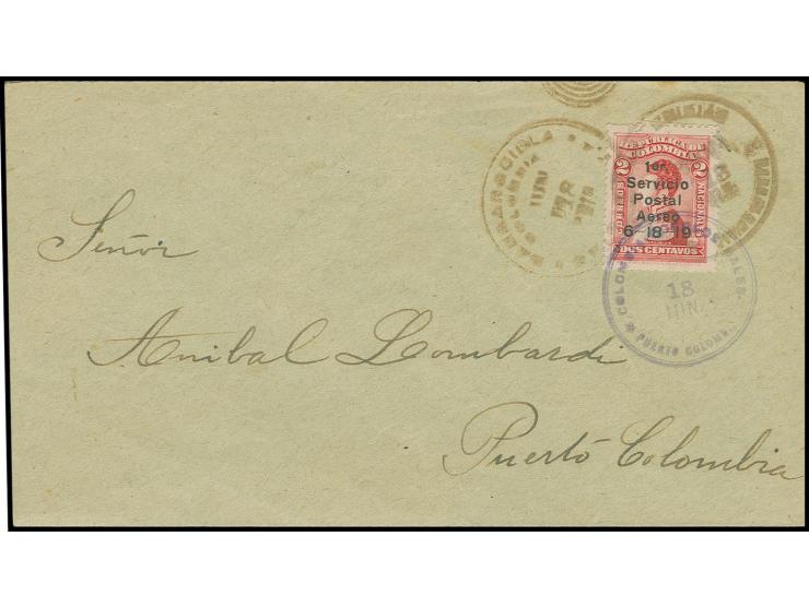 1919, airmail 2 c. in excellent condition, tied by "BARRANQUILLA JUN 18 1919" to cover (opened on 2 sides) to Puerto Colombia