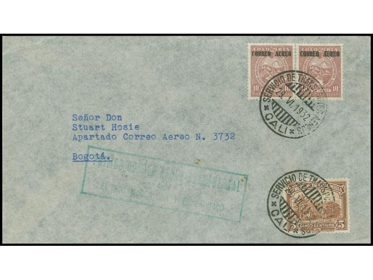 1932, airmail 10 c., horizontal pair with additional franking, tied by ""CALI 29.VI.1932" cds. to first flight cover Rio Magd