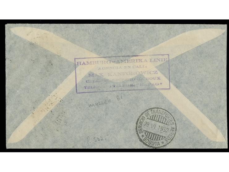1932, airmail 10 c., horizontal pair with additional franking, tied by ""CALI 29.VI.1932" cds. to first flight cover Rio Magd