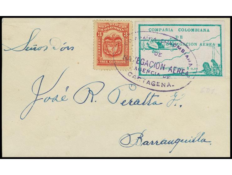 CCNA-ISSUES: 1920, 10 c. green with additional franking, tied by violet oval "CARTAGENA" to on the left side shortened cover 