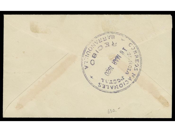 CCNA-ISSUES: 1920, 10 c. green with additional franking, tied by violet oval "CARTAGENA" to on the left side shortened cover 