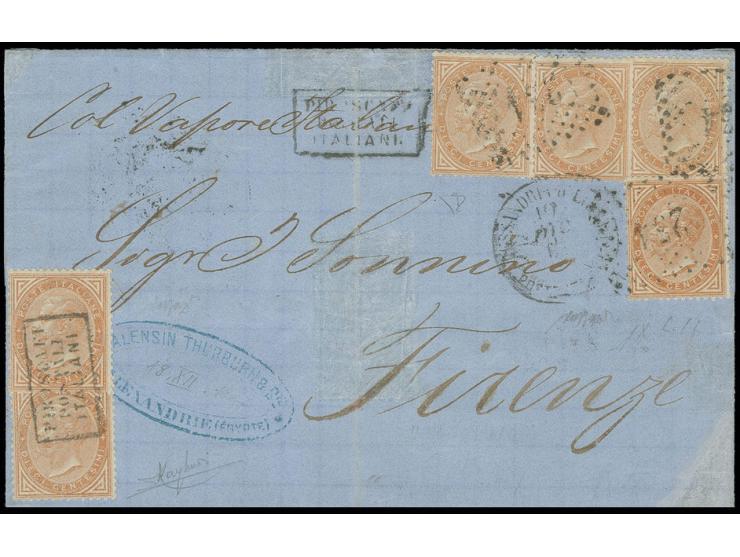 ITALIAN POST: 1867, De La Rue 10 c. orange-brown, 6 single copies, 4 tied by dotted numeral "234" and 2 by boxed "PIROSCAFI P