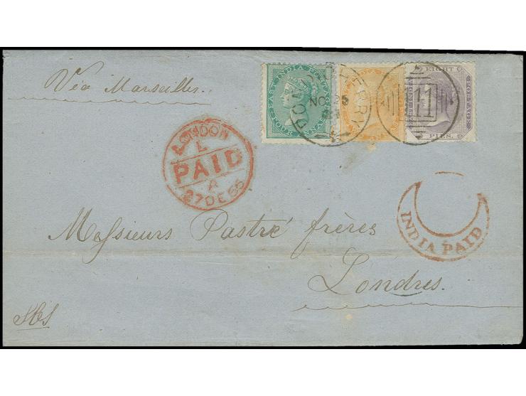 FRENCH INDIA: "111 / PONDICHERRY NO 25 66", clear duplex on 1865, 8 p. purple, 2 a. orange and 4 a. green on entire letter "V