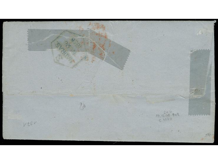 FRENCH INDIA: "111 / PONDICHERRY NO 25 66", clear duplex on 1865, 8 p. purple, 2 a. orange and 4 a. green on entire letter "V