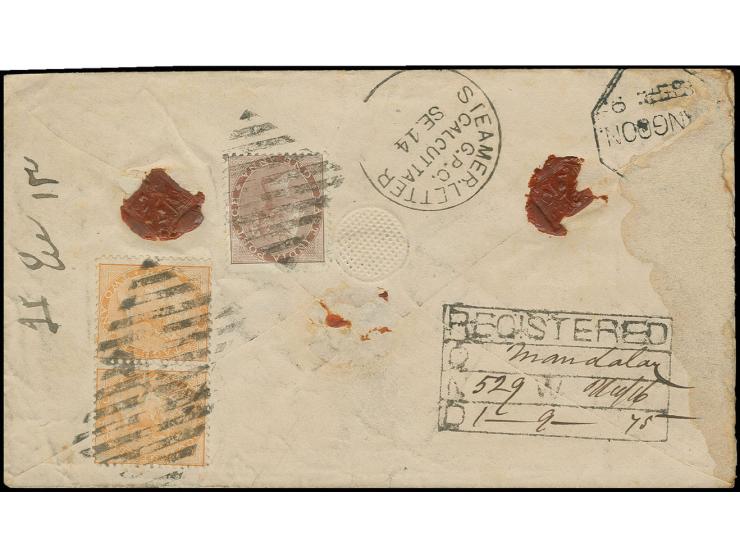 Used in Burma: 1875, registered envelope with India DLR 1 a. brown and pair 2 a. orange, tied by diamond of bars, via Rangoon