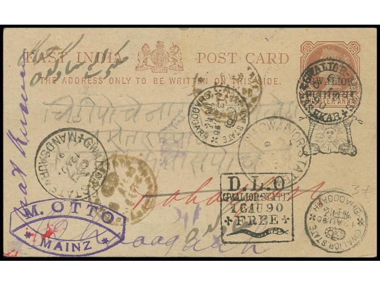 POSTAL STATIONERY: 1888, postcard 1/4 a. used from Kashkar and re-directed with several transit marks including clear "D.L.O.