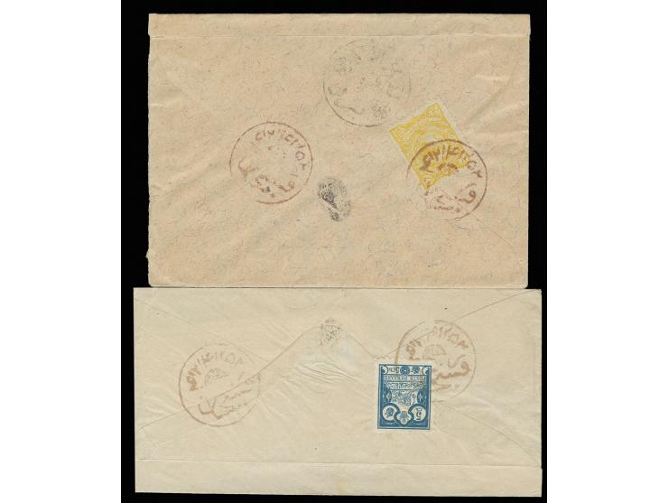 "RAFSENDJAN", fancy cancel in brownish-red on 2 covers franked with 1891, 5 ch. blue and 1897, 5 ch. yellow