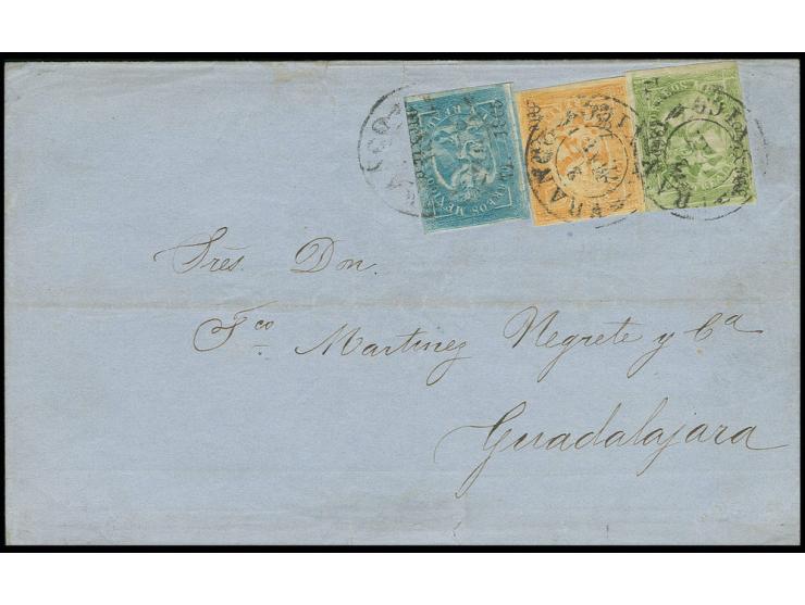 1864/65, Imperial Eagle 1 r. blue, 2 r. orange and 4 r. green, all "Mexico 71/1865" tied by cds. "MEXICO FRANCO 2 MAY" (1865)