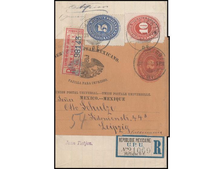 1886/95, 5 c. blue and 10 c. brownish-red tied to wrapper 2 c. red with original contents as registered item from "MEXICO JUN