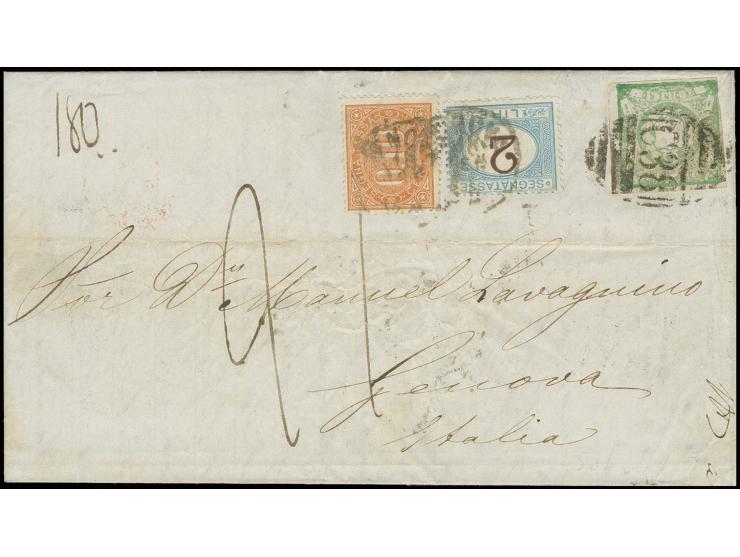 1868, 1 d. green, tied by barred oval "C38" to entire letter from "CALLAO DE 13 70" to Genua, Italy, franked upon arrival wit