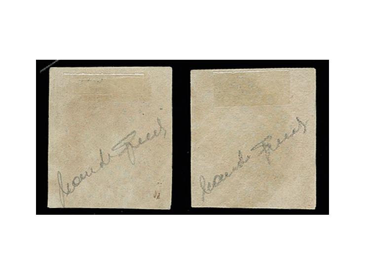 1855, 5 cs. vermillion, two used singles, Sperati forgeries, type A+B, fine, signed in pencil