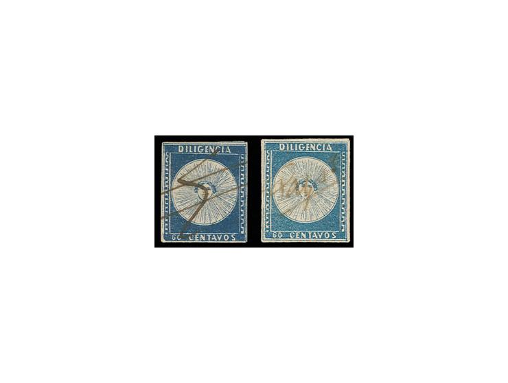 1856, Diligencia 60 c. blue, Sperati forgeries type A and C, with manuscript, fine, signed in pencil