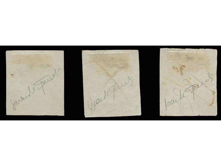 1 r. red, Sperati forgeries type A-C, B unused without gum, the others with manuscript, fine, signed in pencil