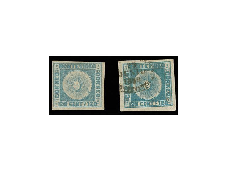 1858, Montevideo 120 c. blue, Sperati forgeries, without gum and used, fine, signed in pencil