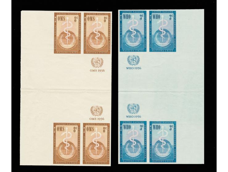 WHO/OMS 3c. and 8 c. in plate proof gutter blocks of 4, unhinged mint with security fingerprints, folded in the gutter and 8 