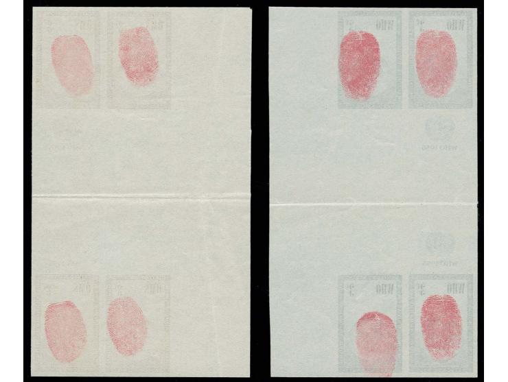 WHO/OMS 3c. and 8 c. in plate proof gutter blocks of 4, unhinged mint with security fingerprints, folded in the gutter and 8 