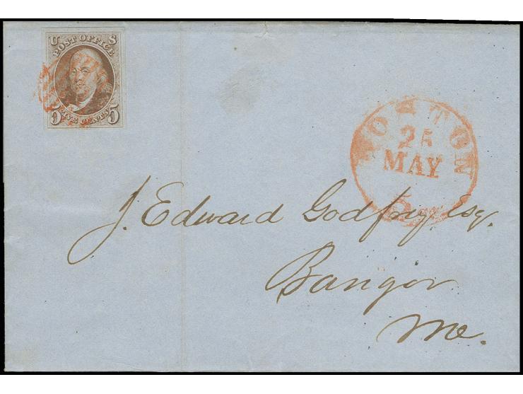 1847, Franklin 5 C. brown, good to large margins, tied by red grid cancel to folded lettersheet to Bangor, fine, ex collectio