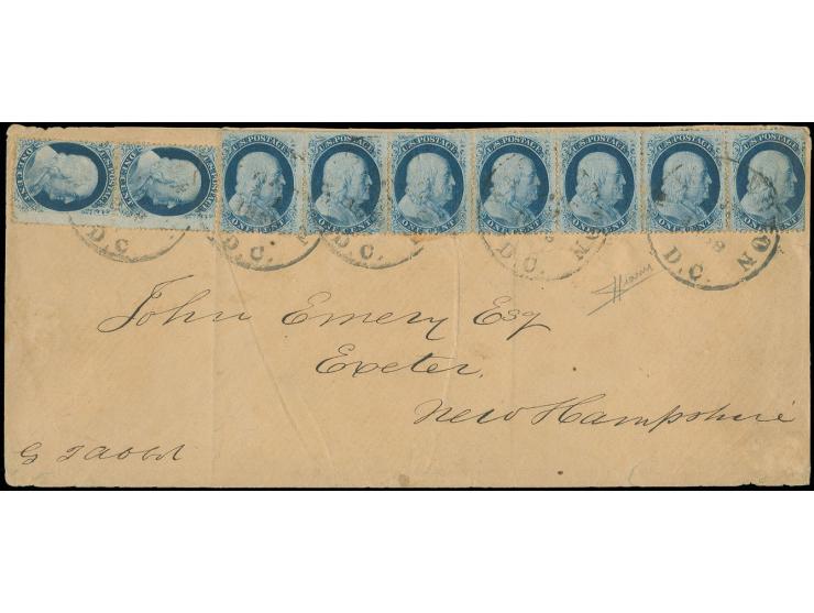 1857/61, 1 c. blue, horizontal strip of 7 and vertical pair, tied by cds. "WASHINGTON DC OCT 21 1858" to large size envelope 