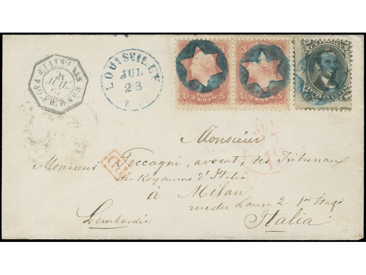1861/67, 15 c. black and horizontal pair 3 c. rose, all used by blue fancy hollowed-out negative star with adjacent blue "LOU