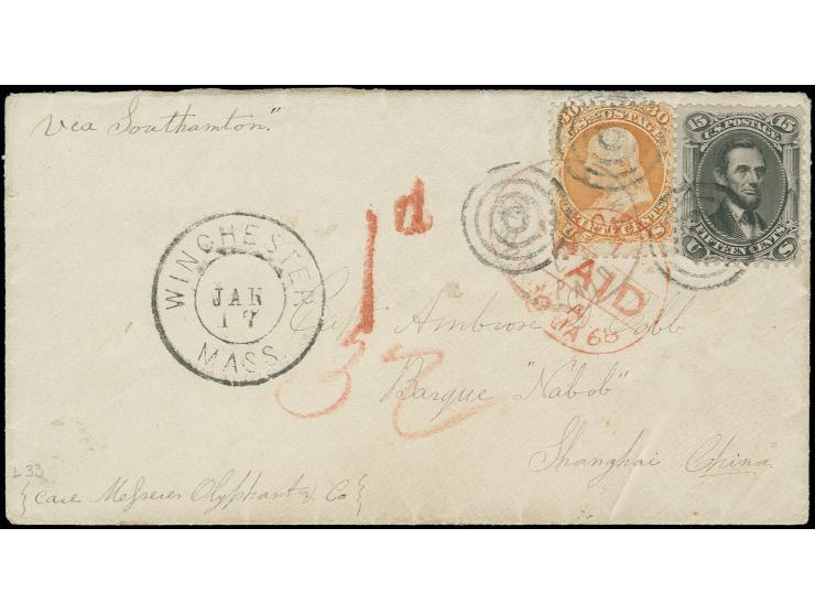 30 c. orange and 15 c. black, tied by target cancel to small envelope from "WINCHESTER MASS. JAN 17" (1868) via England to Sh