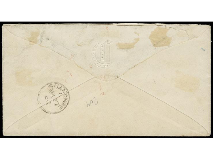 30 c. orange and 15 c. black, tied by target cancel to small envelope from "WINCHESTER MASS. JAN 17" (1868) via England to Sh