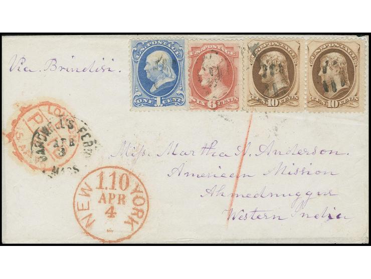 1870/71, 1 c. blue, 6 c. carmine and horizontal pair 10 c. brown tied to cover with adjacent "BARDWELL'S FERRY MASS. APR. 3" 