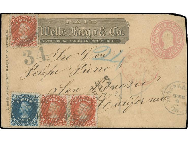1868, Wells Fargo envelope 3 c. rose, used from Chile with 1867, 5 c. red, horizontal pair and single and 10 c. blue, all tie