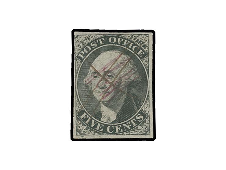 NEW YORK: 1845, 5 c. black with written initials "A.C.M", with manuscript, Sperati forgery, fine, signed in pencil