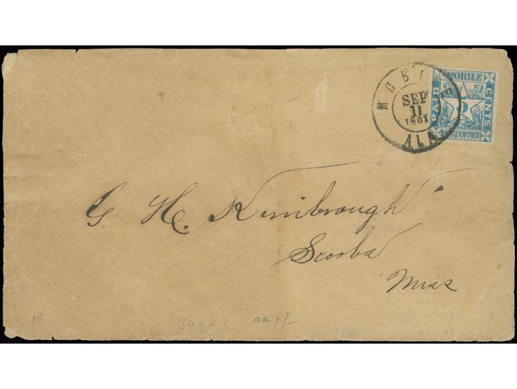 MOBILE: 1861, 5 c. blue with good margins all around, tied by cds. "MOBILE SEP 11 1861" to cover to Scooba, cover with usual 