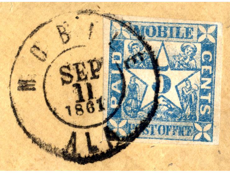 MOBILE: 1861, 5 c. blue with good margins all around, tied by cds. "MOBILE SEP 11 1861" to cover to Scooba, cover with usual 