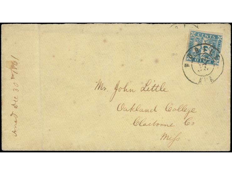 5 c. blue with good margins on three sides, touched at bottom with small nick, tied by cds. "MOBILE DEC 17" to cover to the O