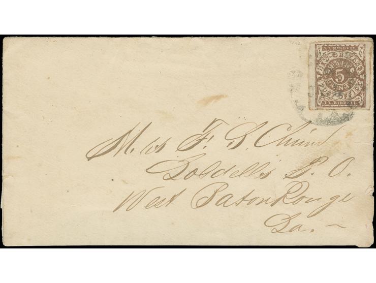 NEW ORLEANS: 1861, 5 c. brown with good margins all around, tied by illegible cds. to coverfront, fine, ex collection Severin